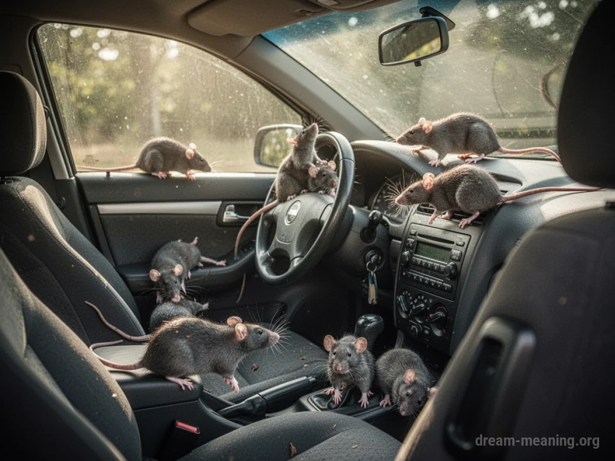 Rats on the dashboard and seats of a car.