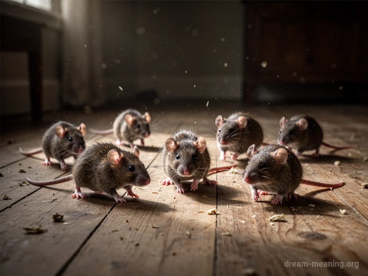 Brown rats moving across a wooden floor in a dimly lit interior.