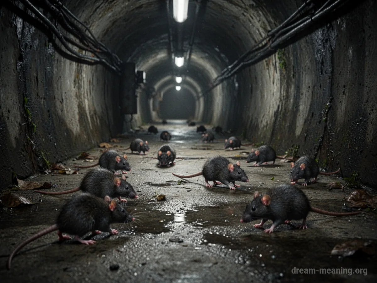 Shadowy rats moving through a dark, wet sewer tunnel.
