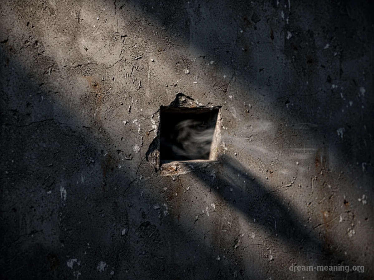 A dark, textured wall with a small opening.