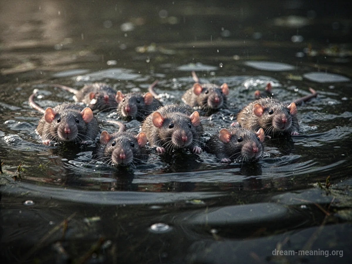 Several rats swimming in dark, rippling water.