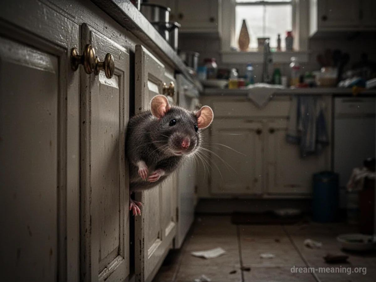 A rat's head visible behind a kitchen cabinet.