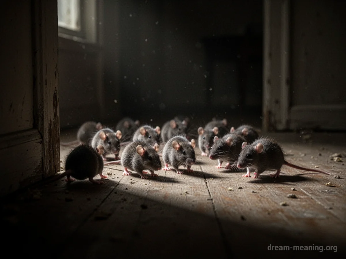 Several small rats running away from the viewer into a dark space.