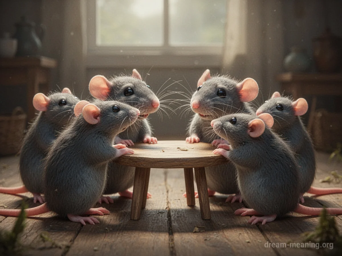 Several stylized rats sitting together and facing each other.