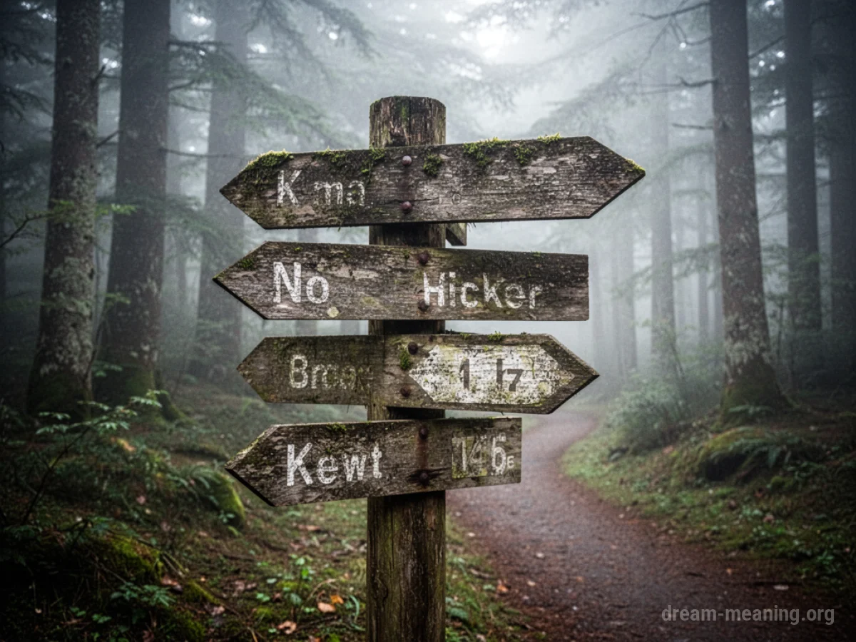 A signpost with multiple arrows pointing in different directions on a path.