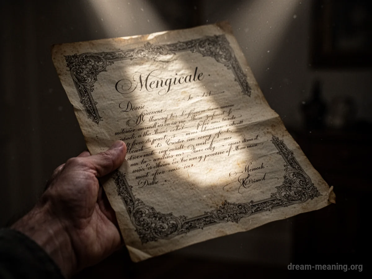 A hand holding an old document with script.