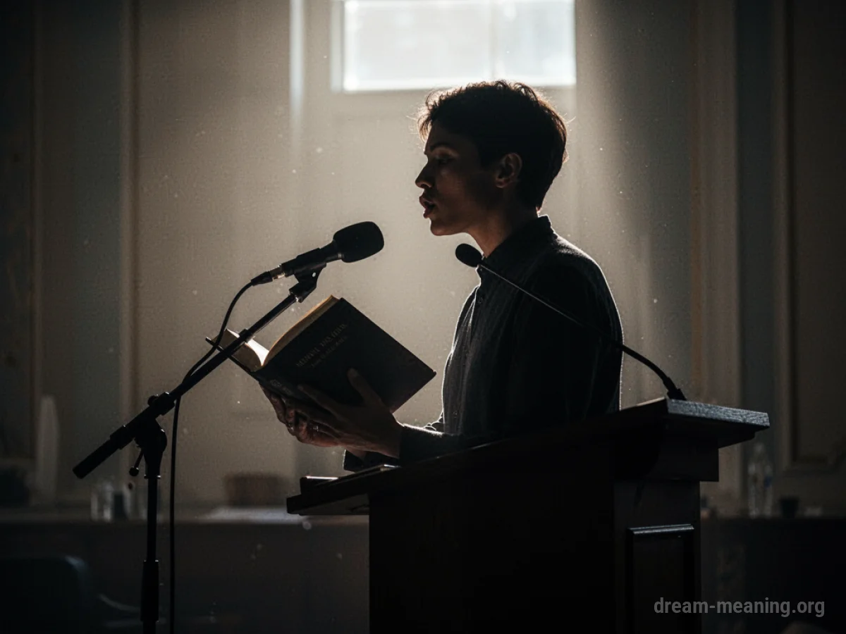 Silhouette of a person speaking from a podium with a book.