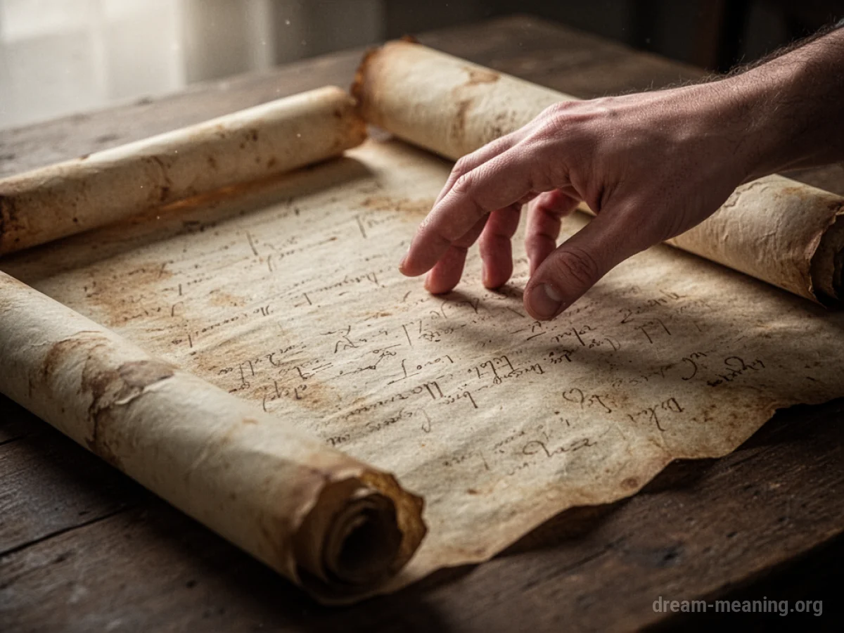 A close-up of a hand touching an old scroll with faded writing.