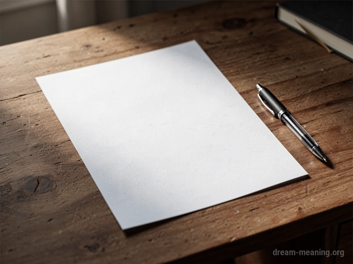 A blank white page on a desk with a pen.