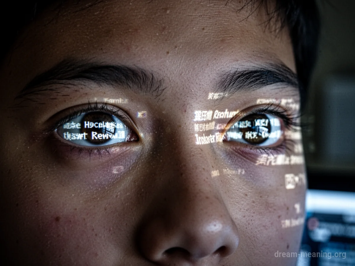 Eyes reflecting a computer screen's text.