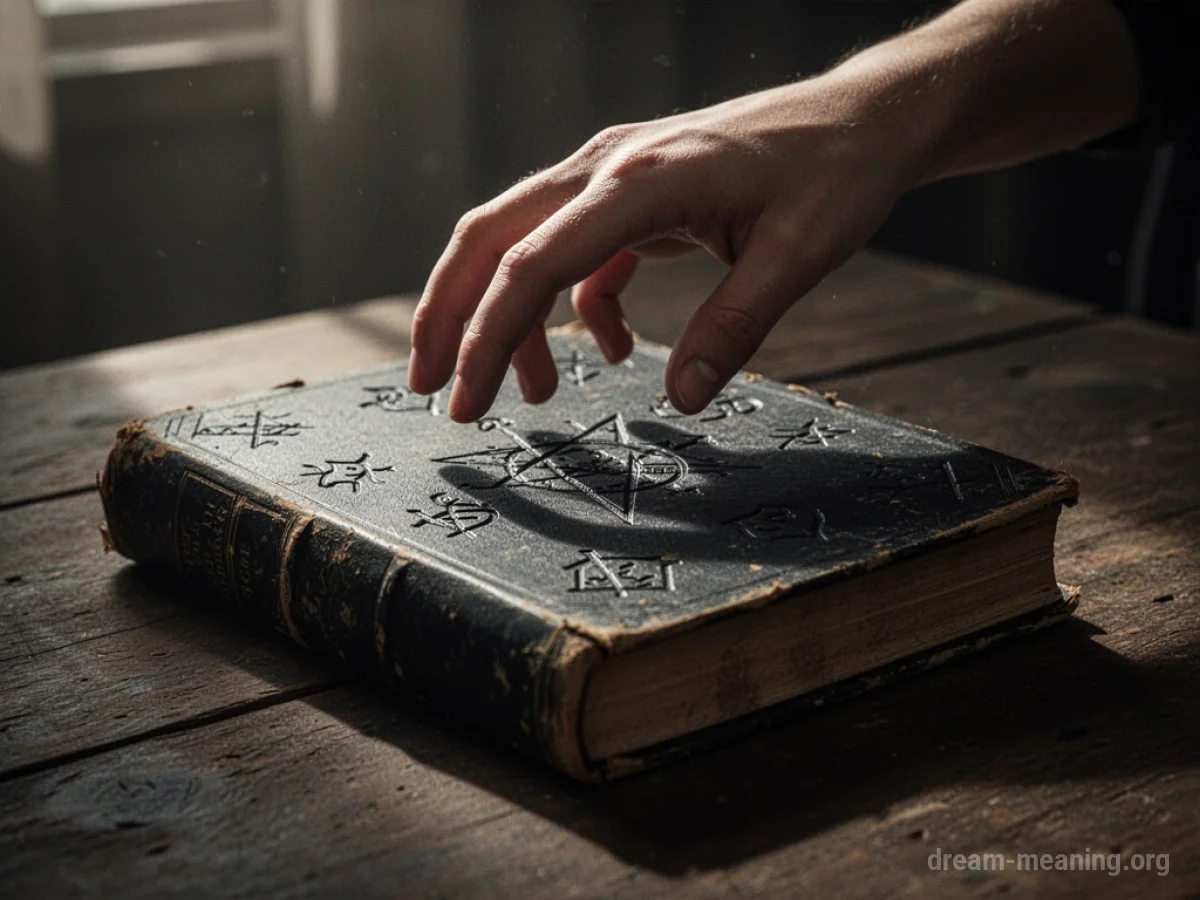 A hand reaching for a dark book with glowing symbols.