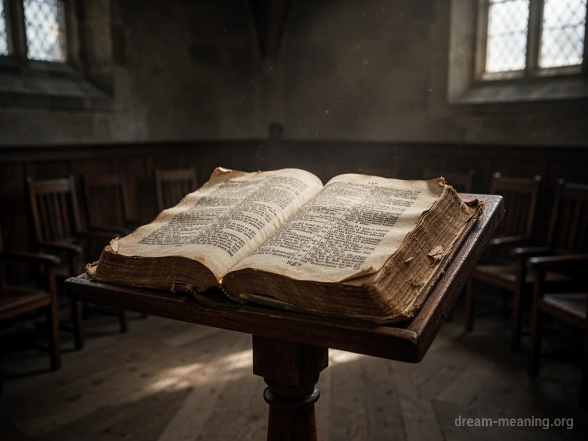 An open book on a wooden lectern in a quiet, empty room.