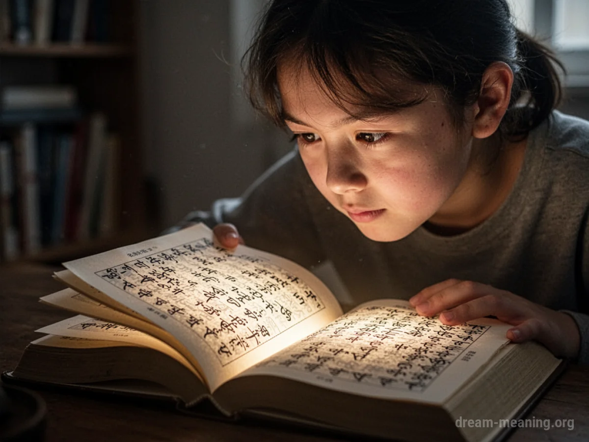 A person studying a book with an unknown alphabet.