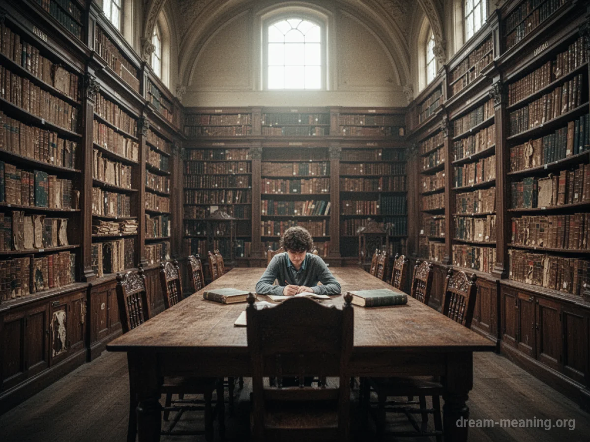 A person seated at a table in a library, reading a book.