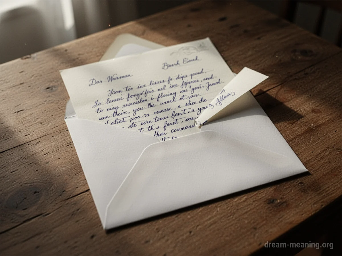 A handwritten letter in an envelope on a wooden surface.