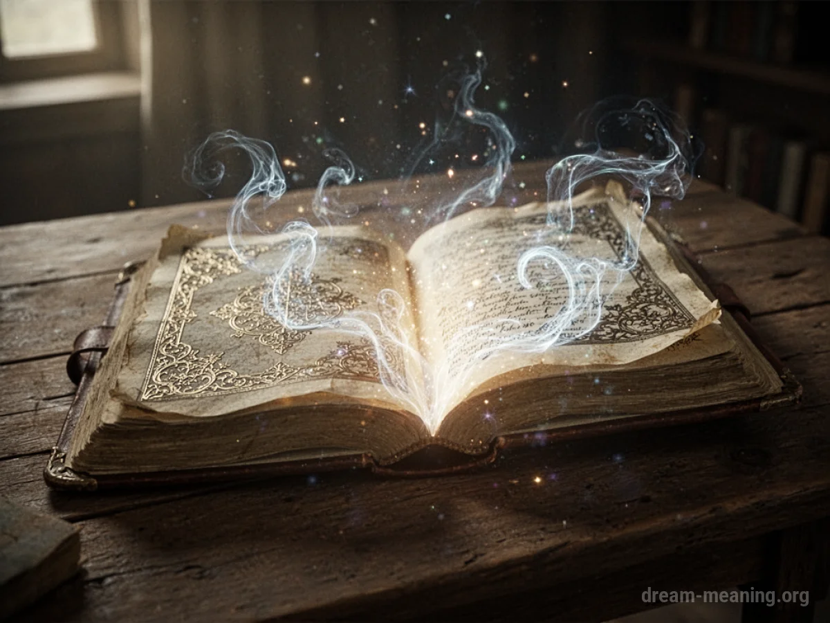 An open, glowing book on a table.