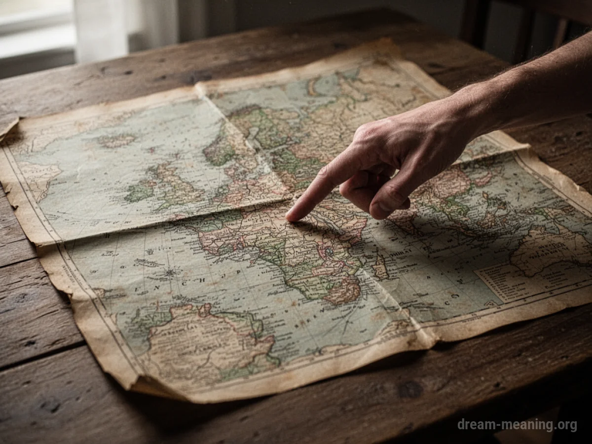 A finger pointing to a location on an old map.