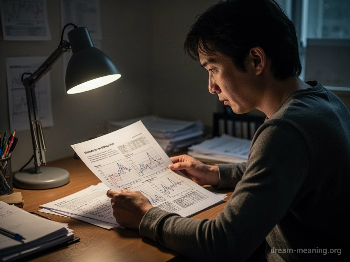 A person reading a medical document at a desk under a lamp.