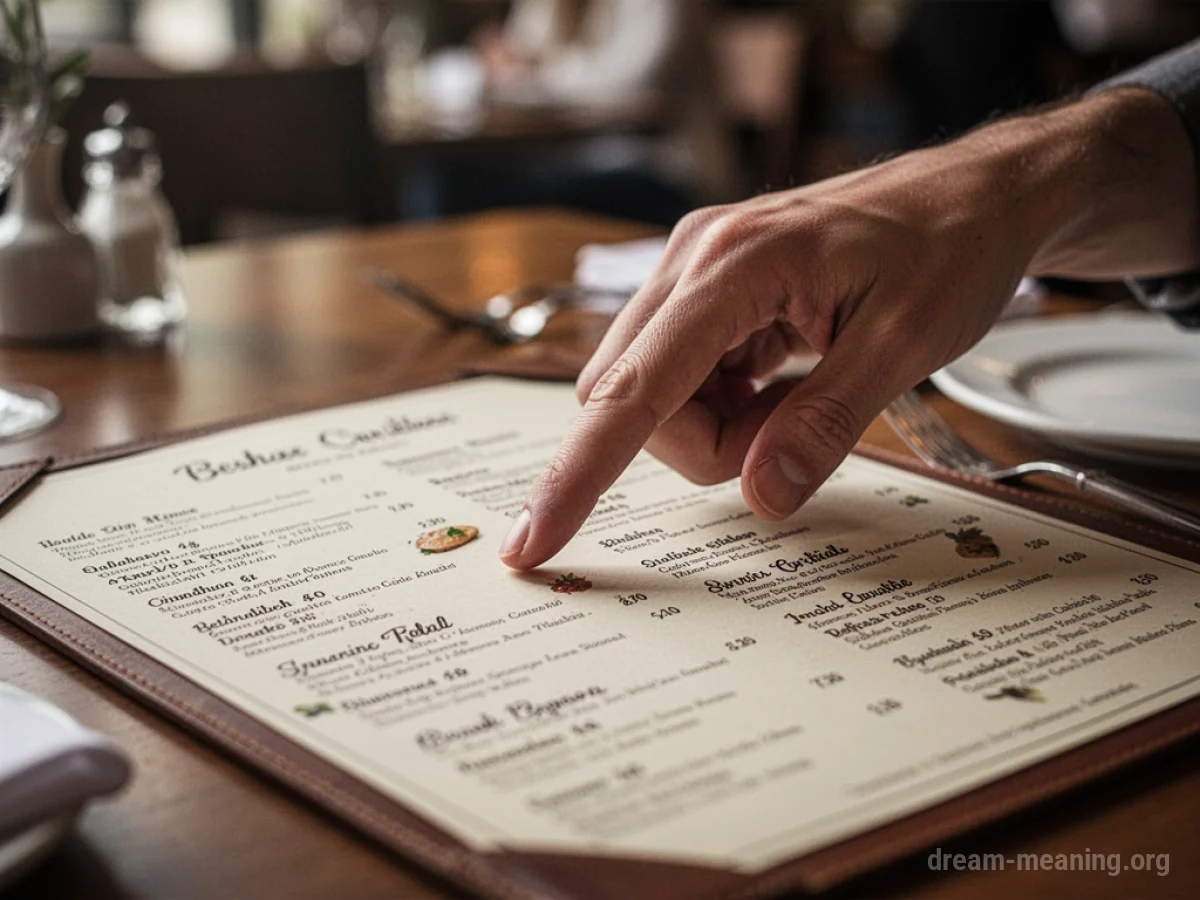 A person's finger pointing to an item on a restaurant menu.