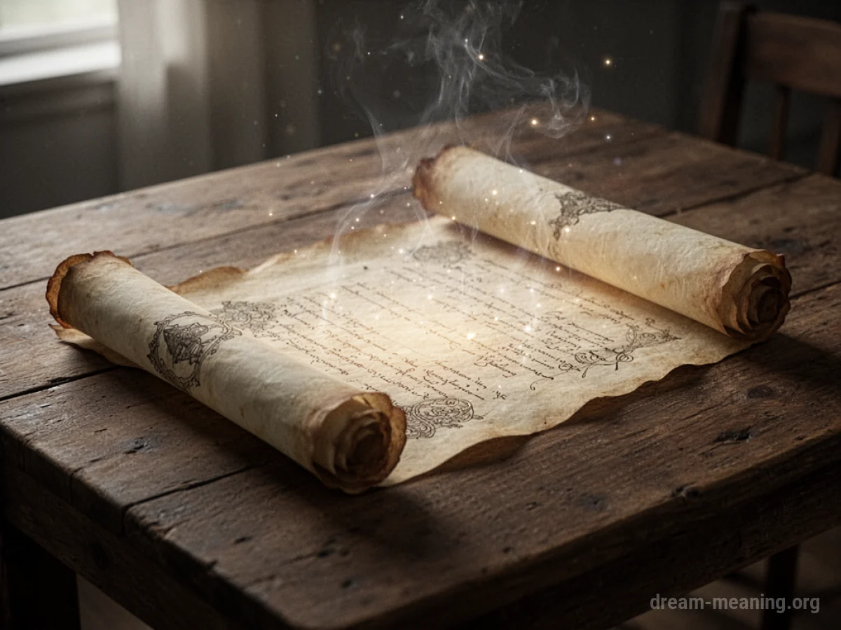 An ancient scroll glowing on a wooden table.