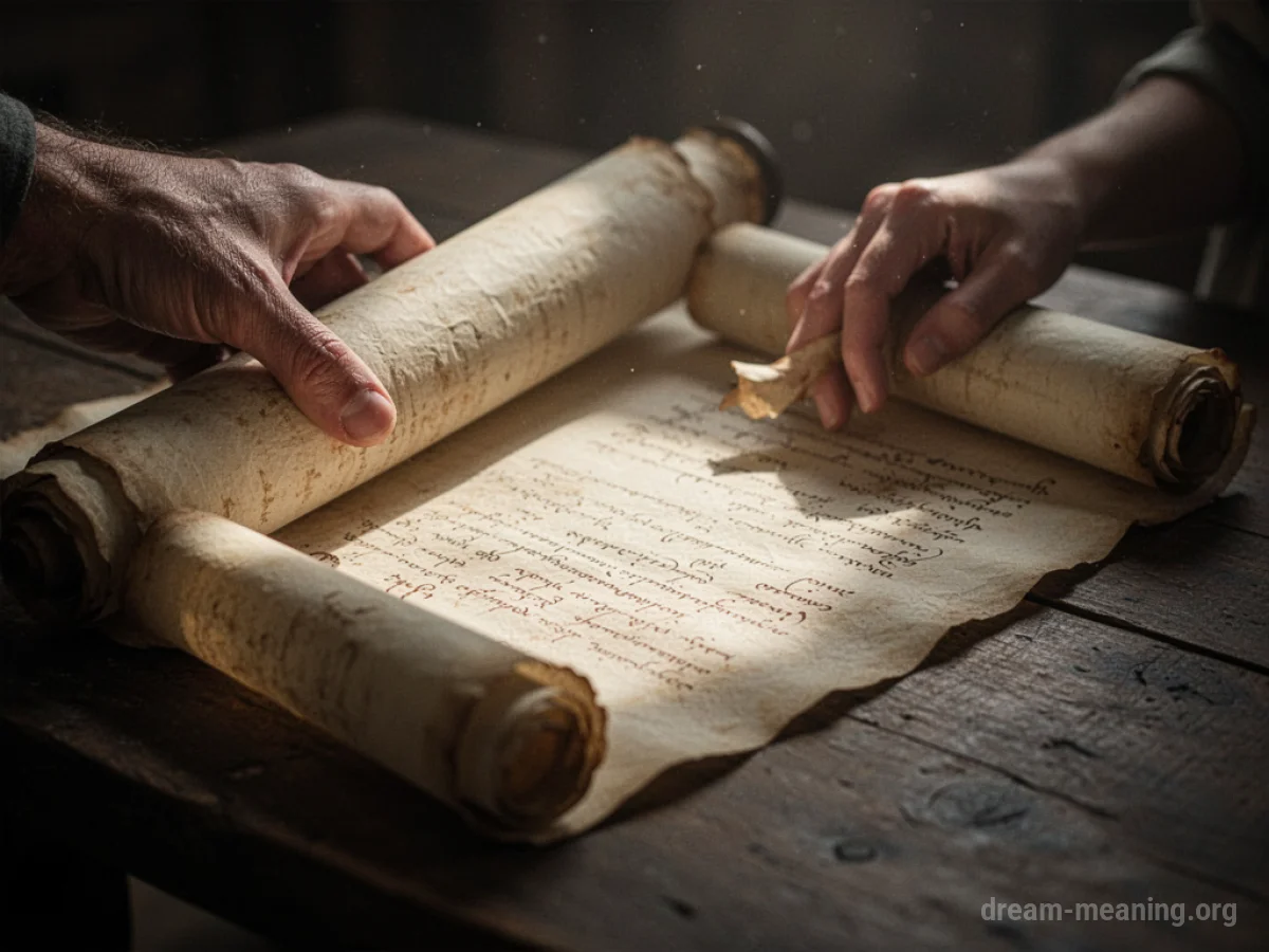 A hand unrolling an ancient scroll with faded text.