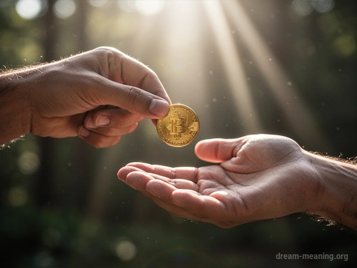 A hand offering a golden coin to another hand.
