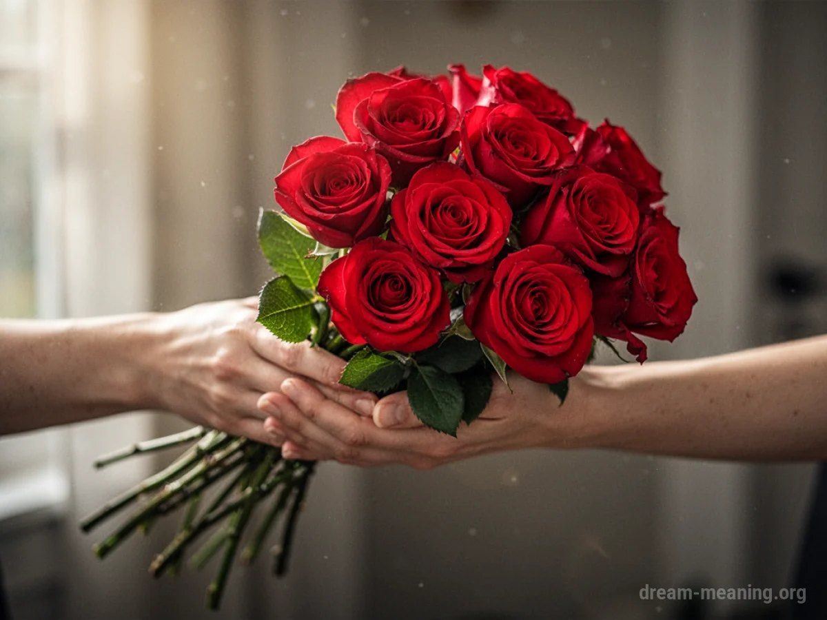 A hand extends a bouquet of red roses.