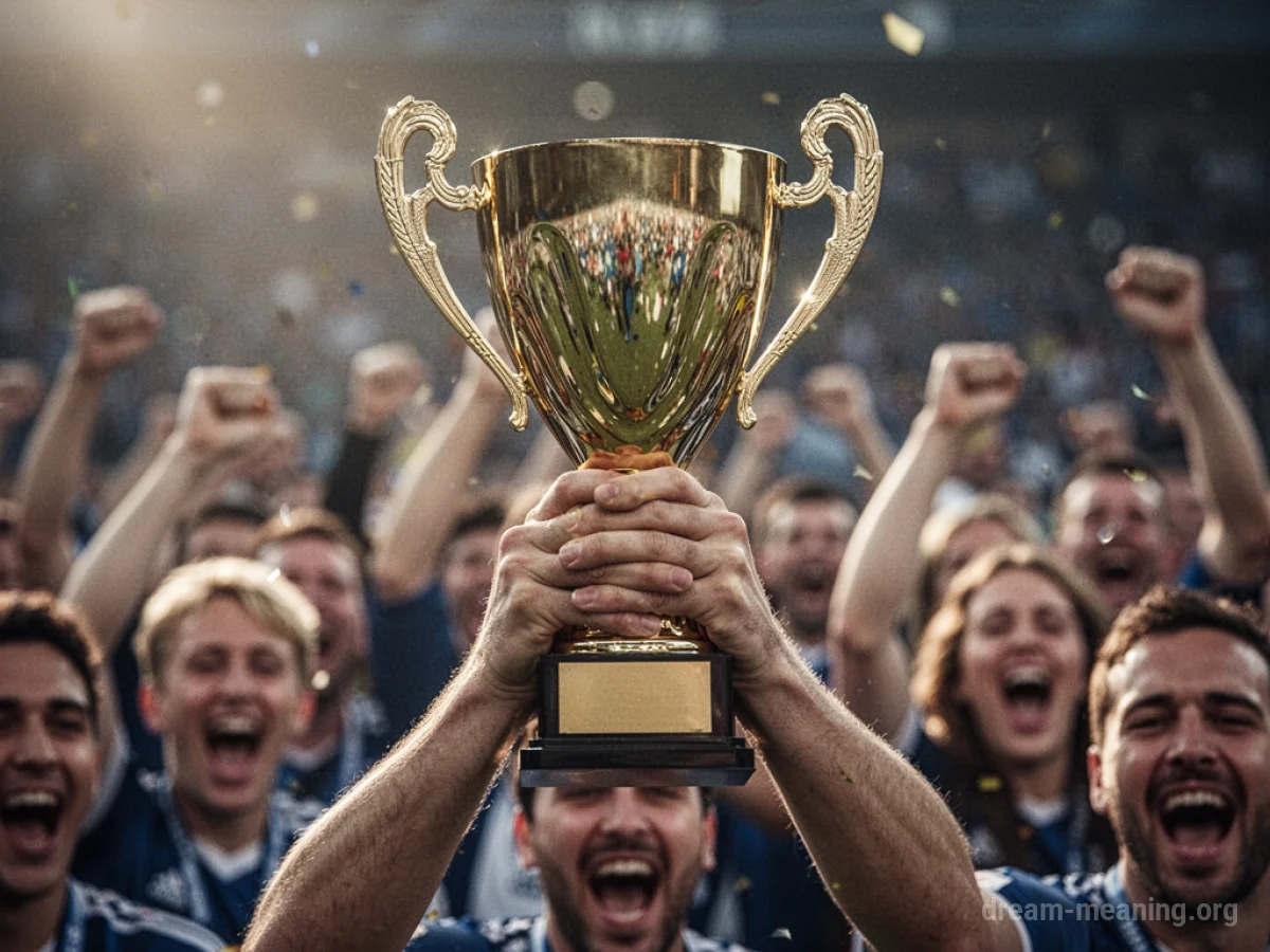 Close-up of hands holding a golden trophy.