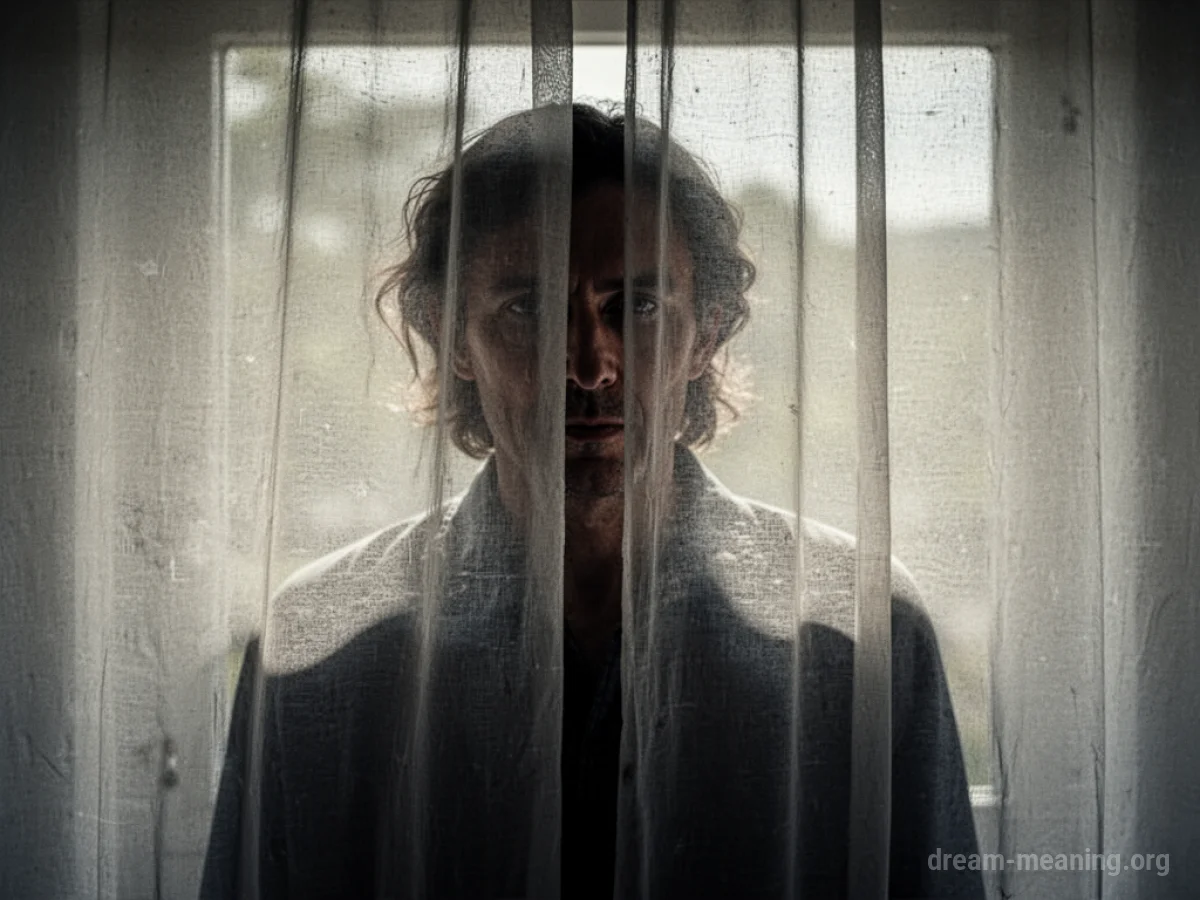 A silhouette of a person is partially hidden behind a sheer fabric.