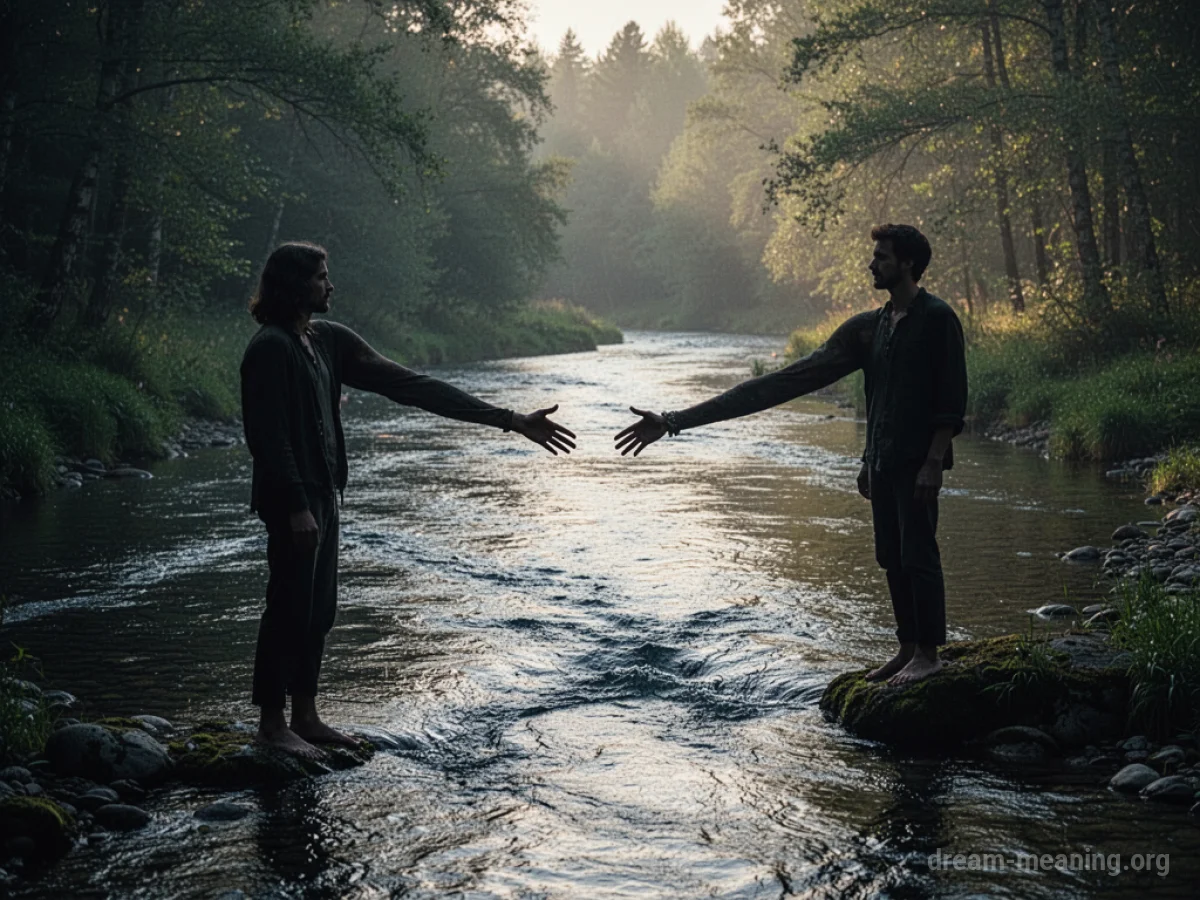 Two silhouetted figures on opposite sides of a river, one reaching out.