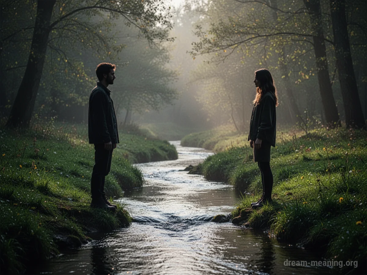 Silhouettes of two people facing each other across a narrow stream.