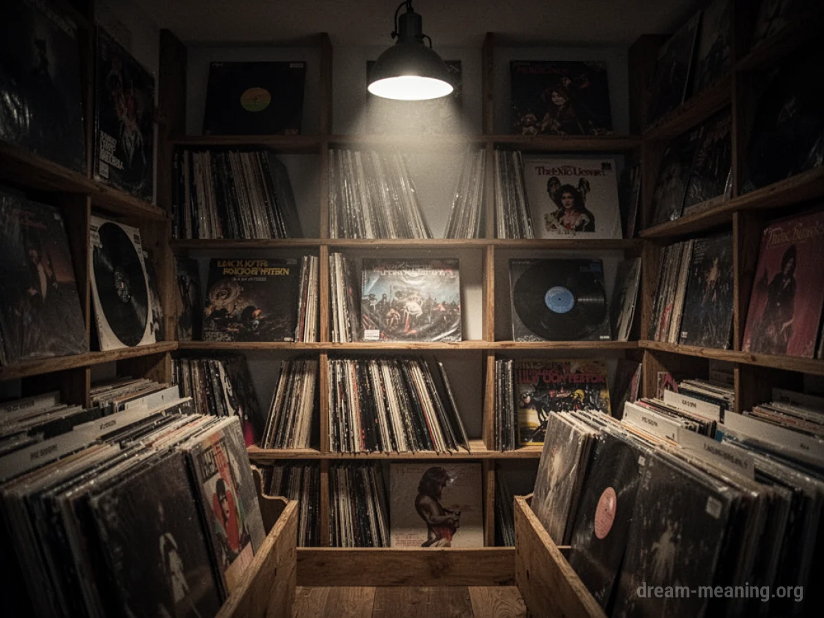Shelves packed with vinyl records in a store.