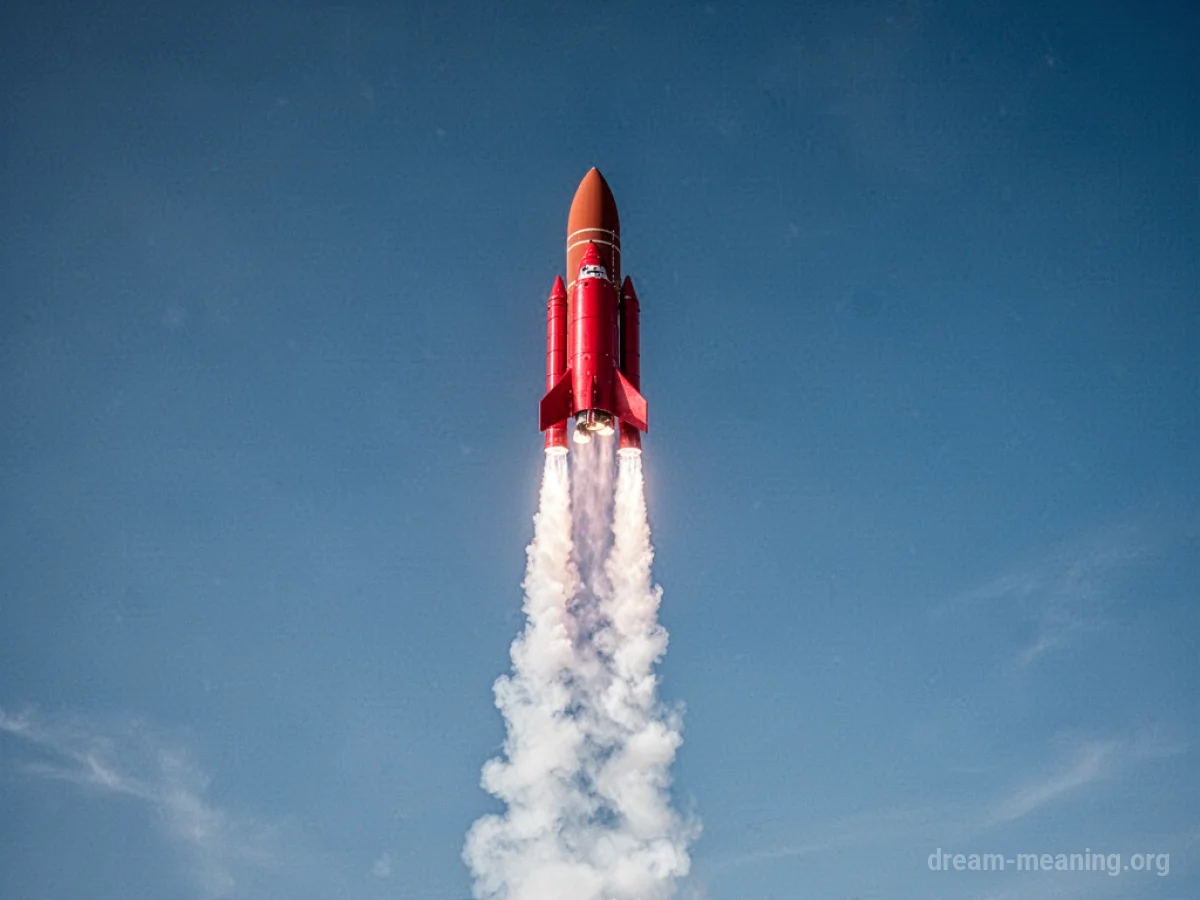 A red rocket launching upwards into a blue sky.