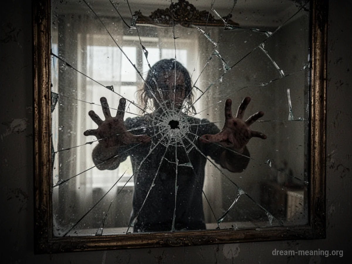 A dark silhouette in a mirror reaching out towards the viewer.