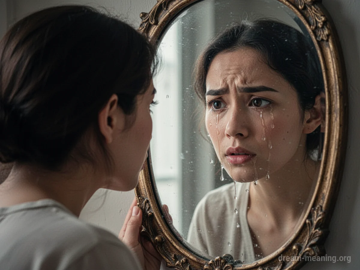 A person's reflection in a mirror crying.