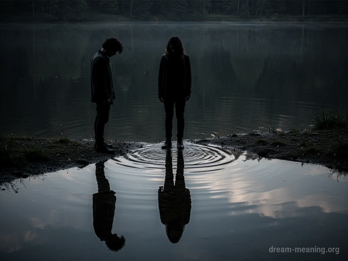 Silhouette of a person looking into dark water with a distorted reflection.