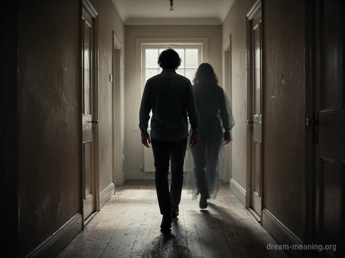 A person's silhouette walking away from the viewer, with a duplicate silhouette directly behind them.