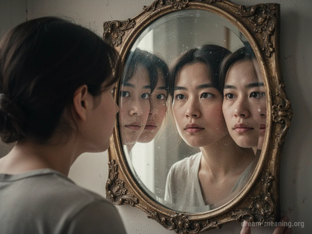 A person's reflection in a mirror displaying multiple distinct faces.