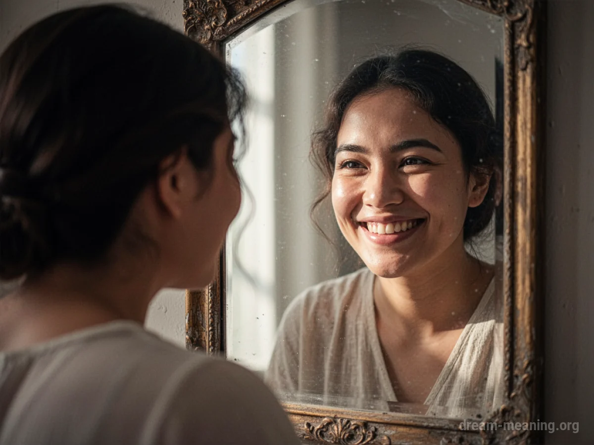 A person's reflection in a mirror is smiling.