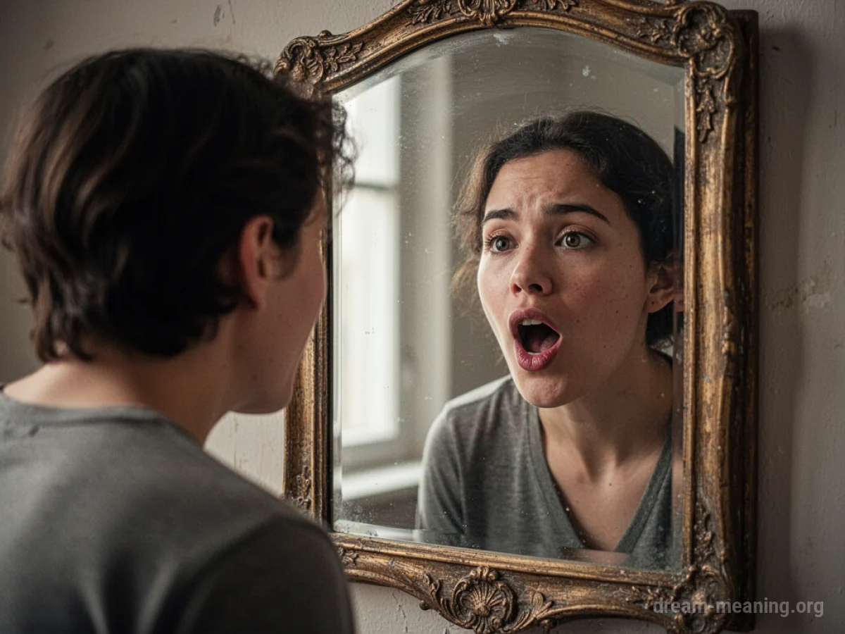 A person looking into a mirror, their reflection has its mouth open as if speaking.