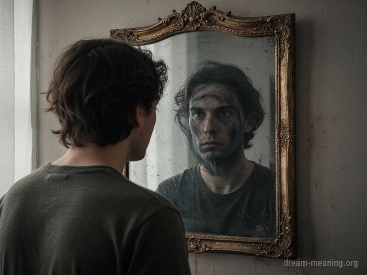 A person's reflection in a mirror appears as a distorted, unfamiliar figure.