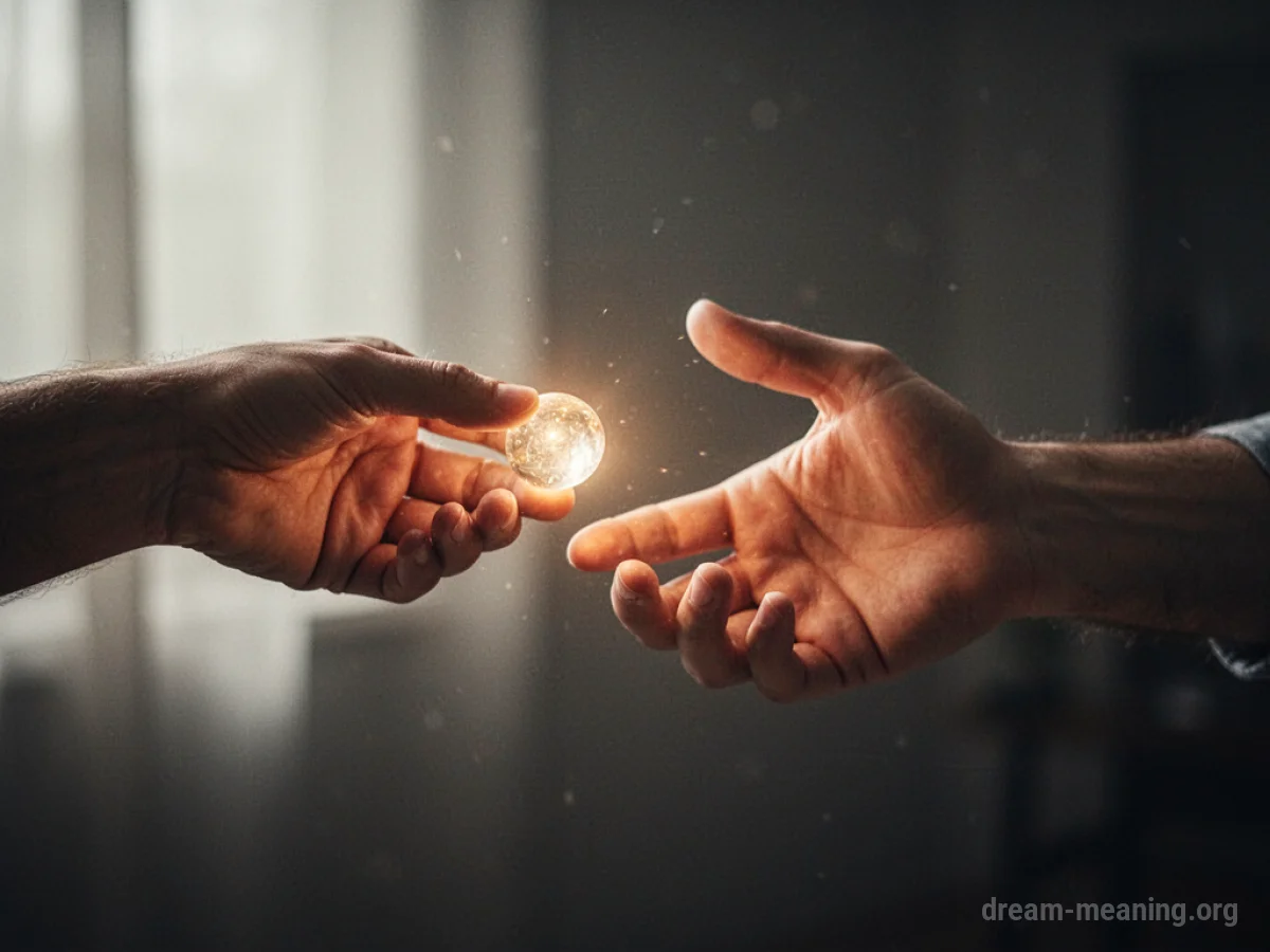A hand holding out a glowing object, with another hand held back.
