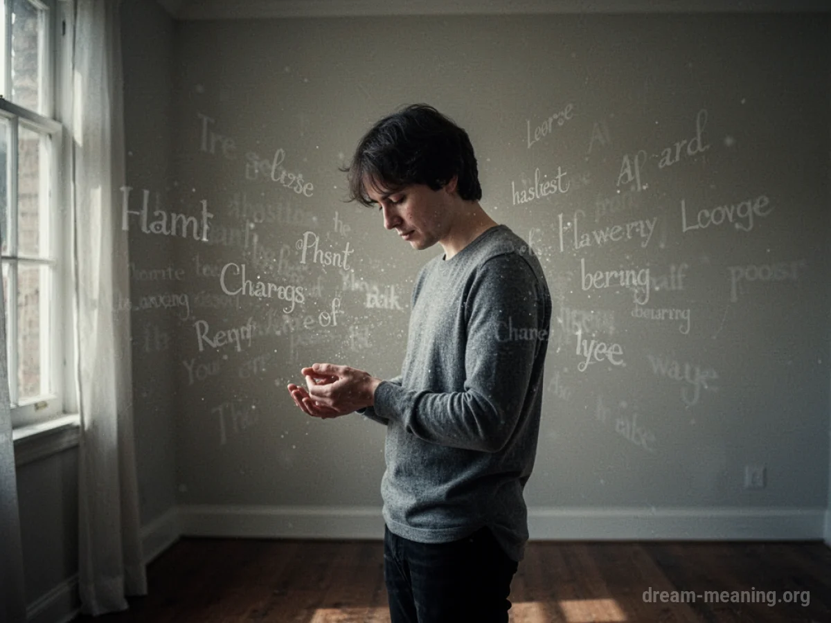 A silhouette of a person standing in a dimly lit room with faint, ethereal text floating around them.