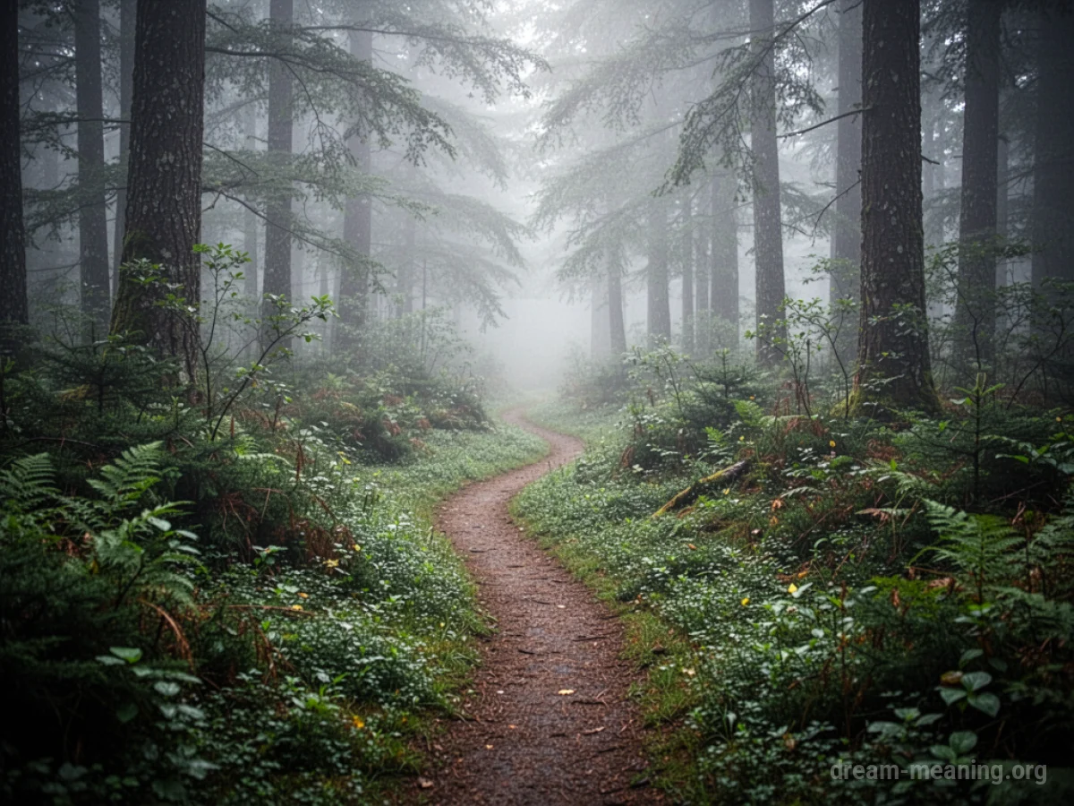 Two indistinct paths diverge in a foggy wooded area.