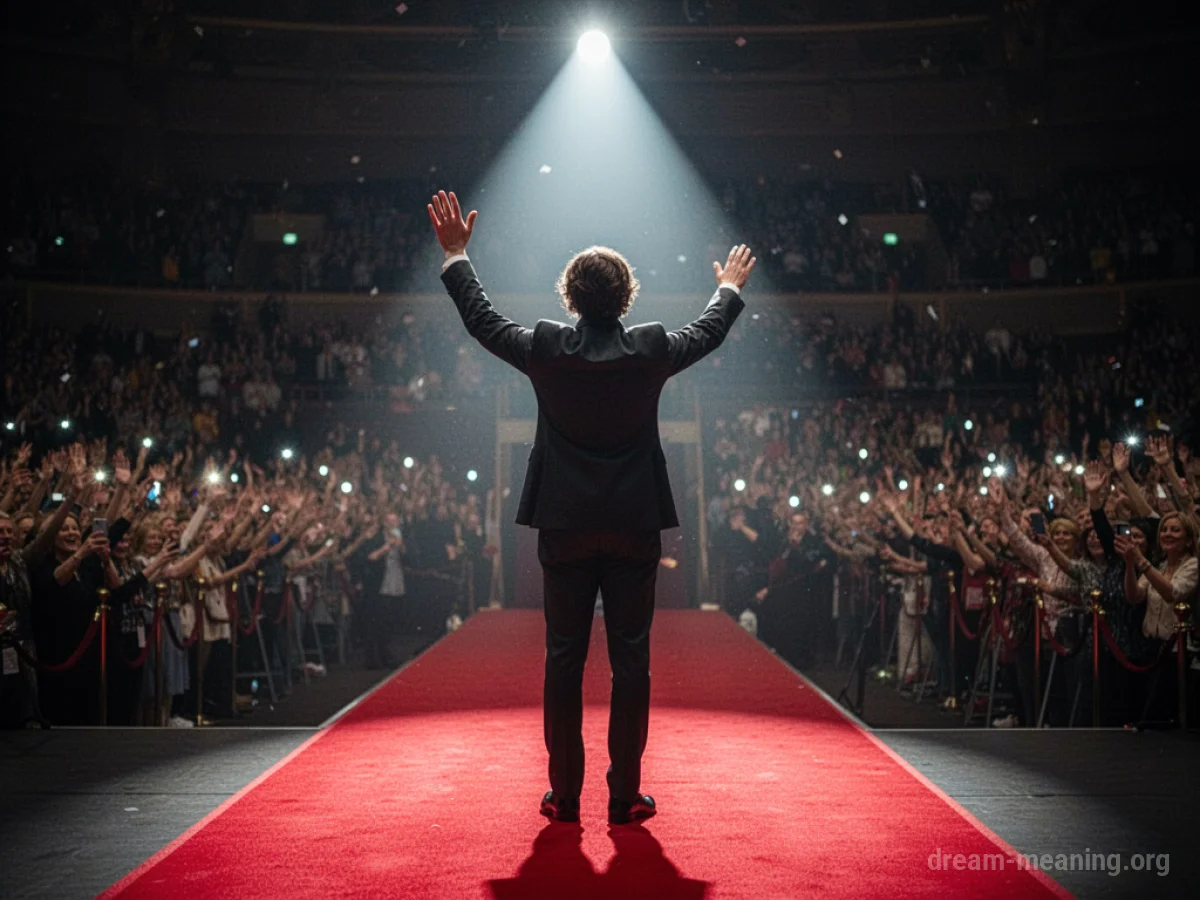 A person stands on a red carpet under a spotlight.