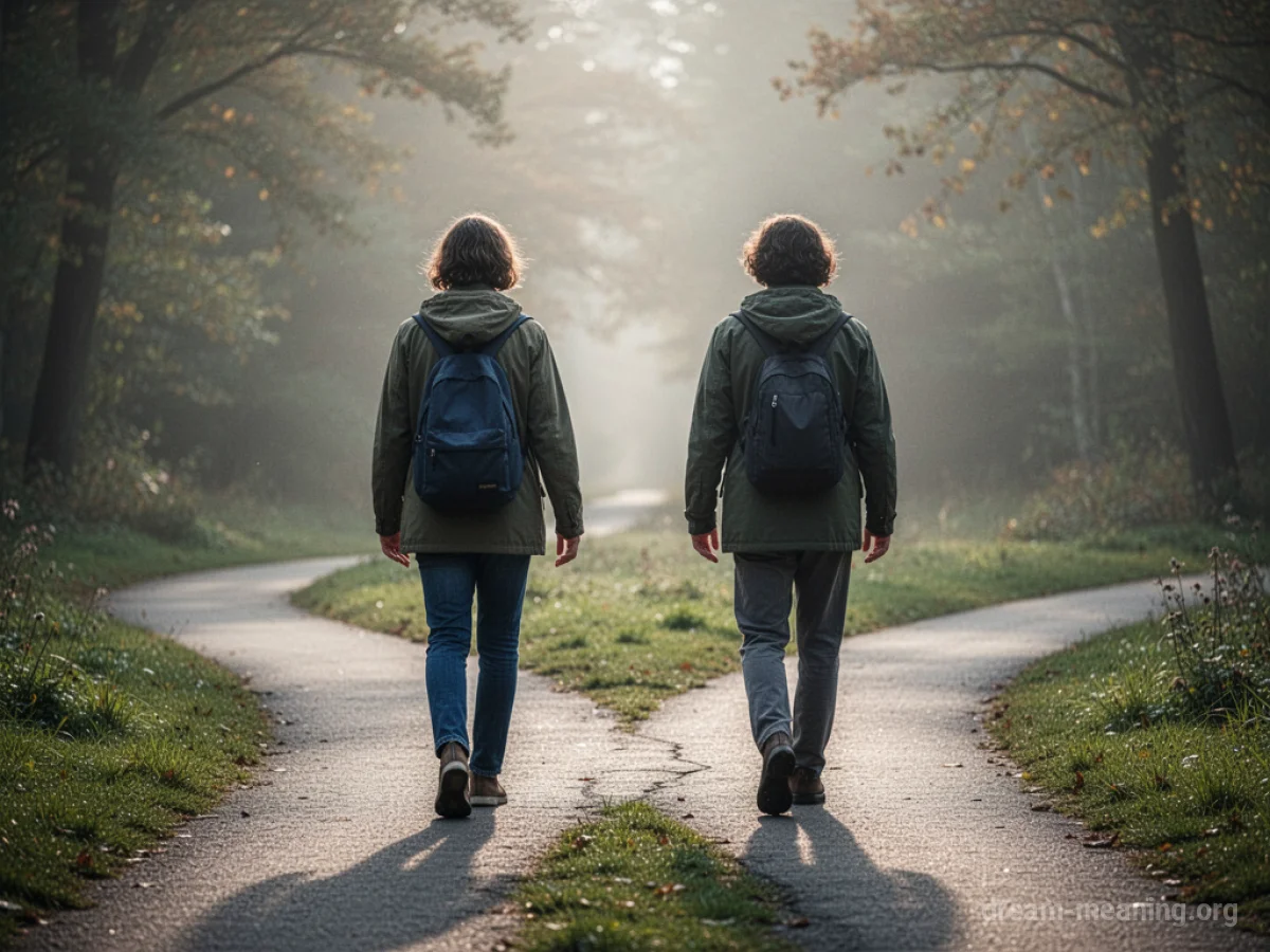 Two silhouetted figures walking away from each other at a diverging path.
