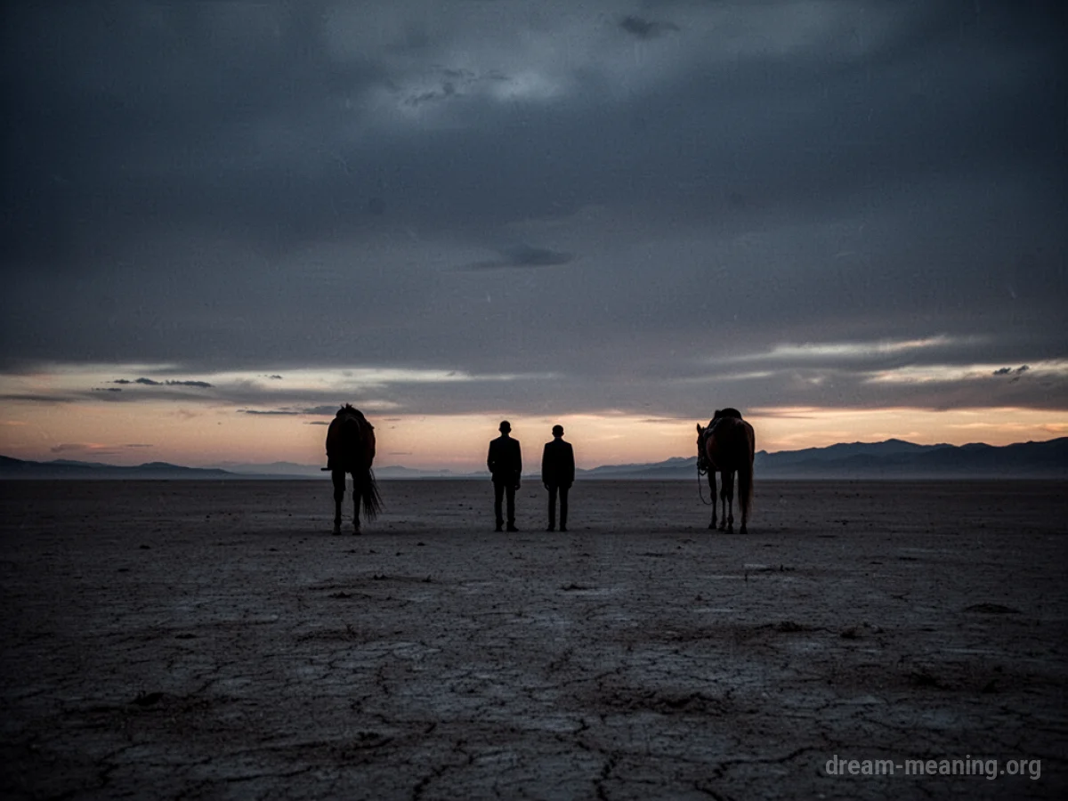Two silhouetted figures standing far apart on a plain.