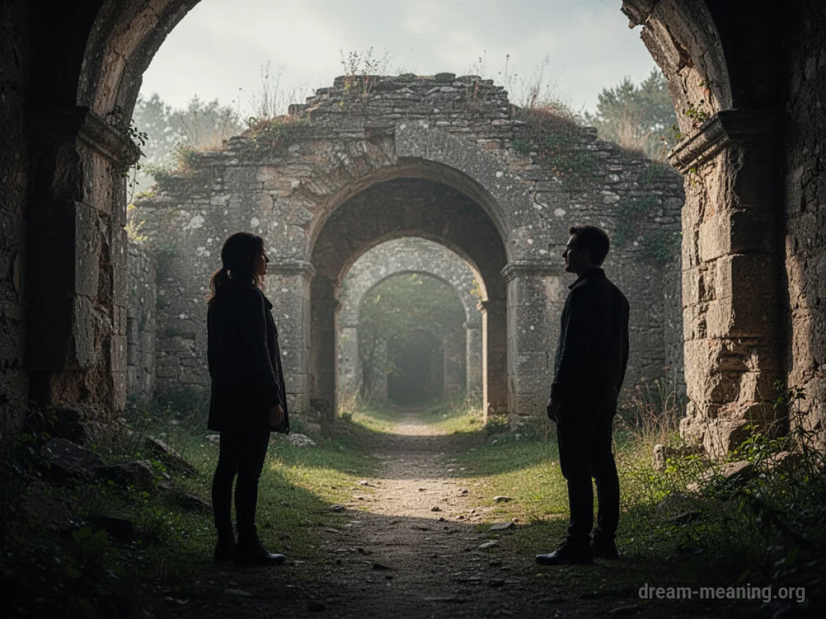 Two distant figures facing a decaying stone archway.