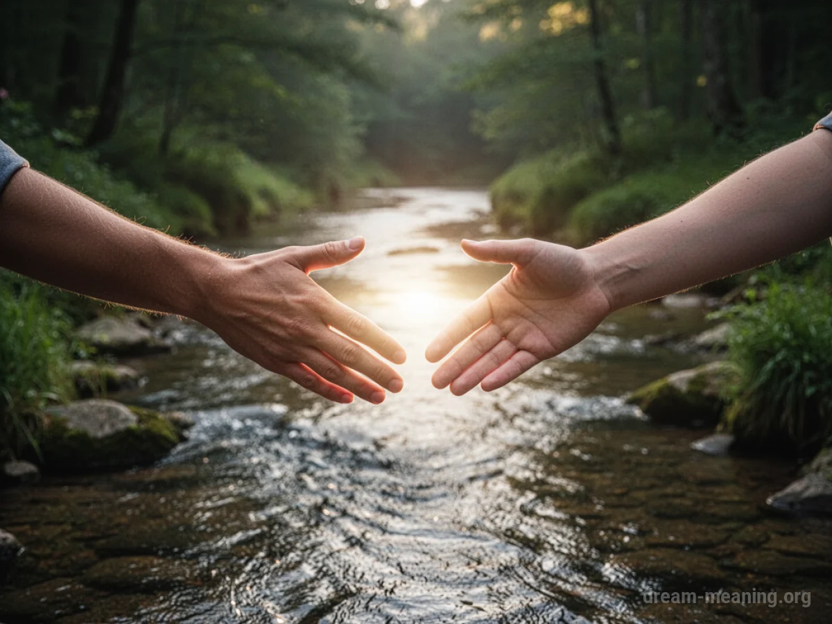 Two silhouetted hands reaching towards each other over a stream.
