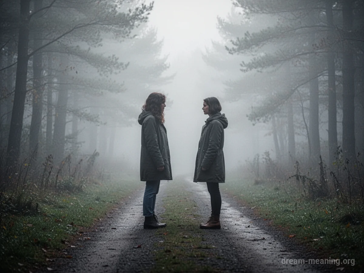 Two silhouetted figures facing each other on a path with a soft fog.